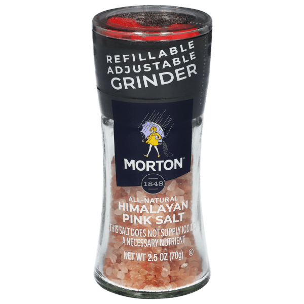 Refillable adjustable grinder containing Morton all-natural Himalayan pink salt, 2.5 oz (70g), highlighting its use in seasoning and cooking.