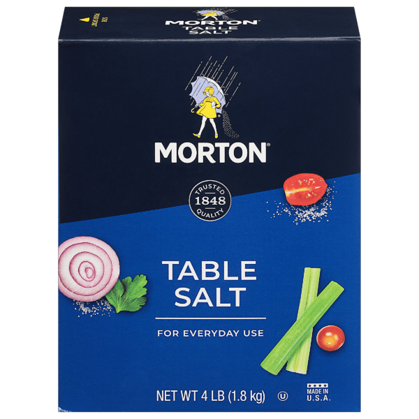 Morton table salt box, 4 lb (1.8 kg), featuring a blue design with illustrations of fresh vegetables like onion, celery, and tomato, labeled "Table Salt for Everyday Use" and highlighting trusted quality since 1848.