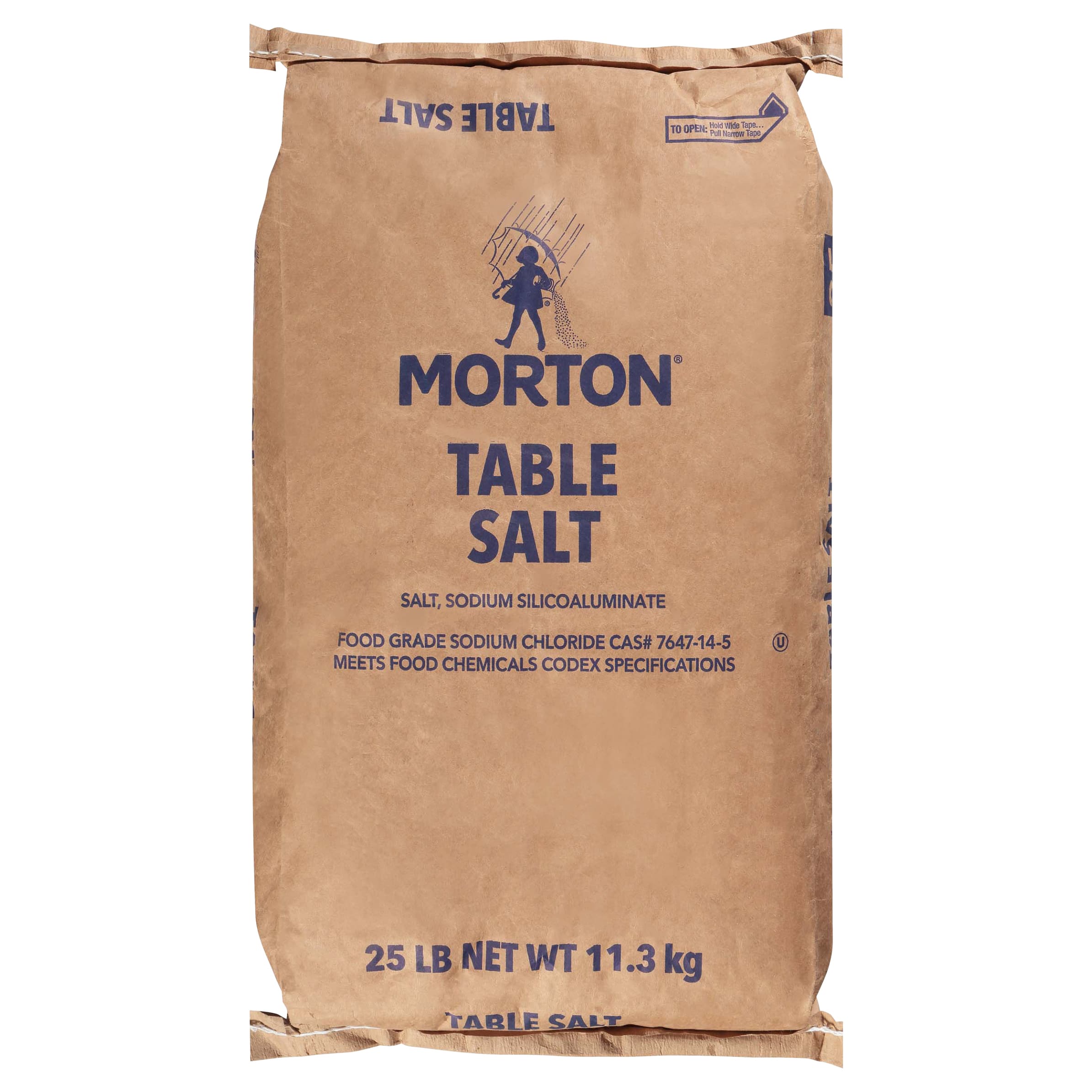 Morton Table Salt 25 lb bag, featuring food-grade sodium chloride and sodium silicoaluminate, ideal for cooking and seasoning. Meets food chemicals Codex specifications.