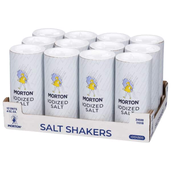 Display of Morton iodized salt shakers in a cardboard tray, featuring 12 units, each containing 4 ounces. Ideal for enhancing flavor in cooking and baking.