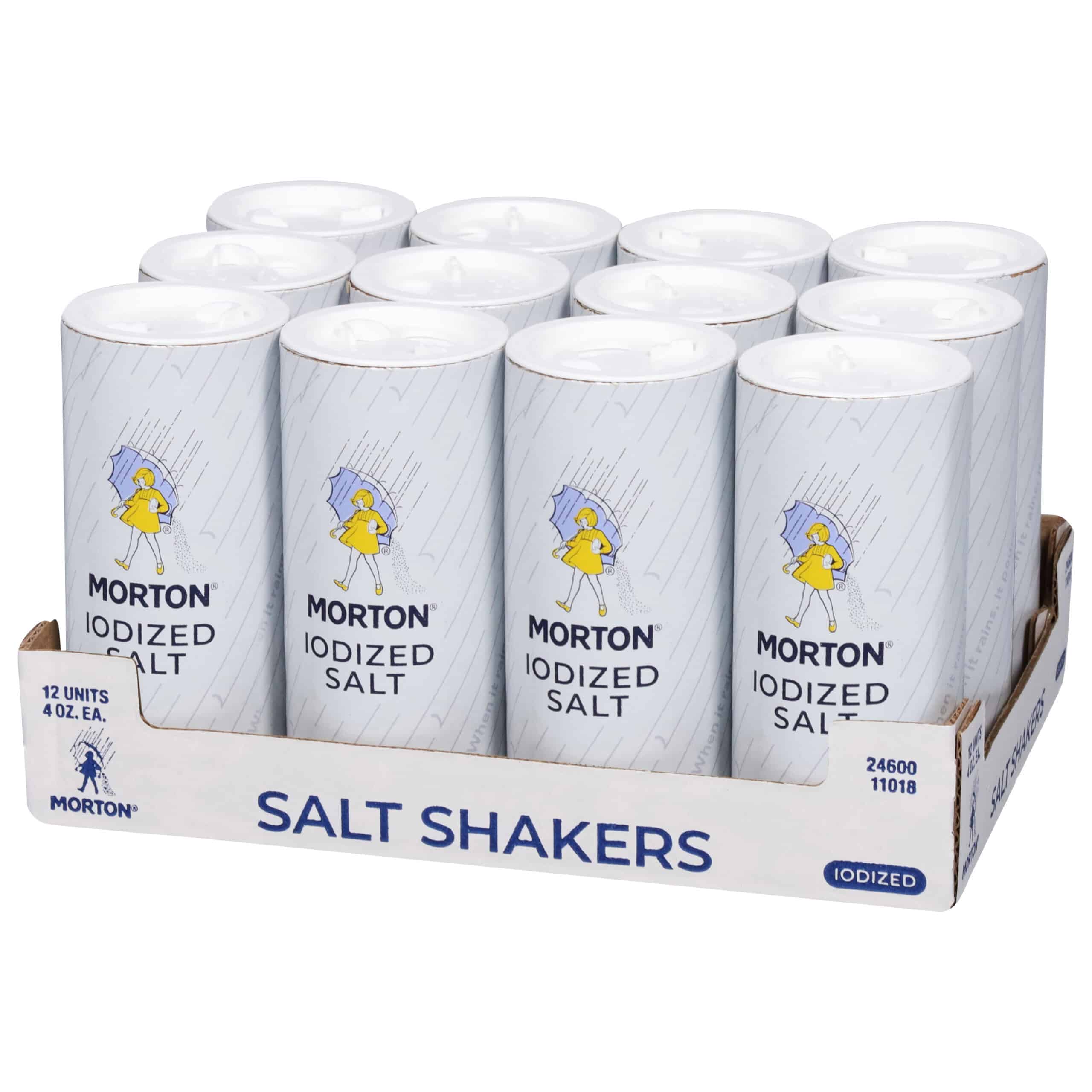 Display of Morton iodized salt shakers in a cardboard tray, featuring 12 units, each containing 4 ounces. Ideal for enhancing flavor in cooking and baking.