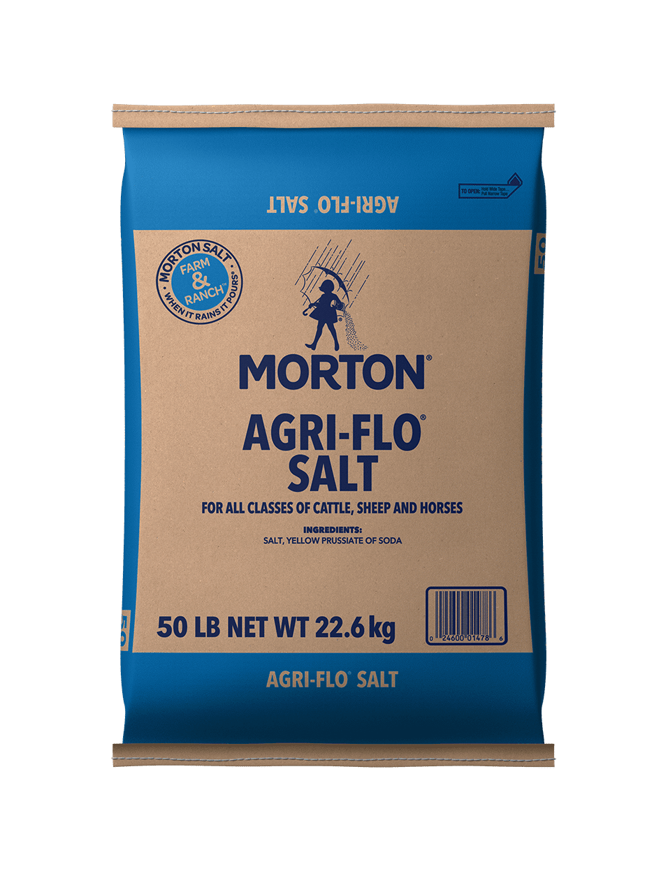 Morton Agri-Flo Salt bag, 50 lb net weight, designed for cattle, sheep, and horses, featuring ingredients of salt and yellow prussiate of soda, ideal for livestock nutrition and mineral supplementation.