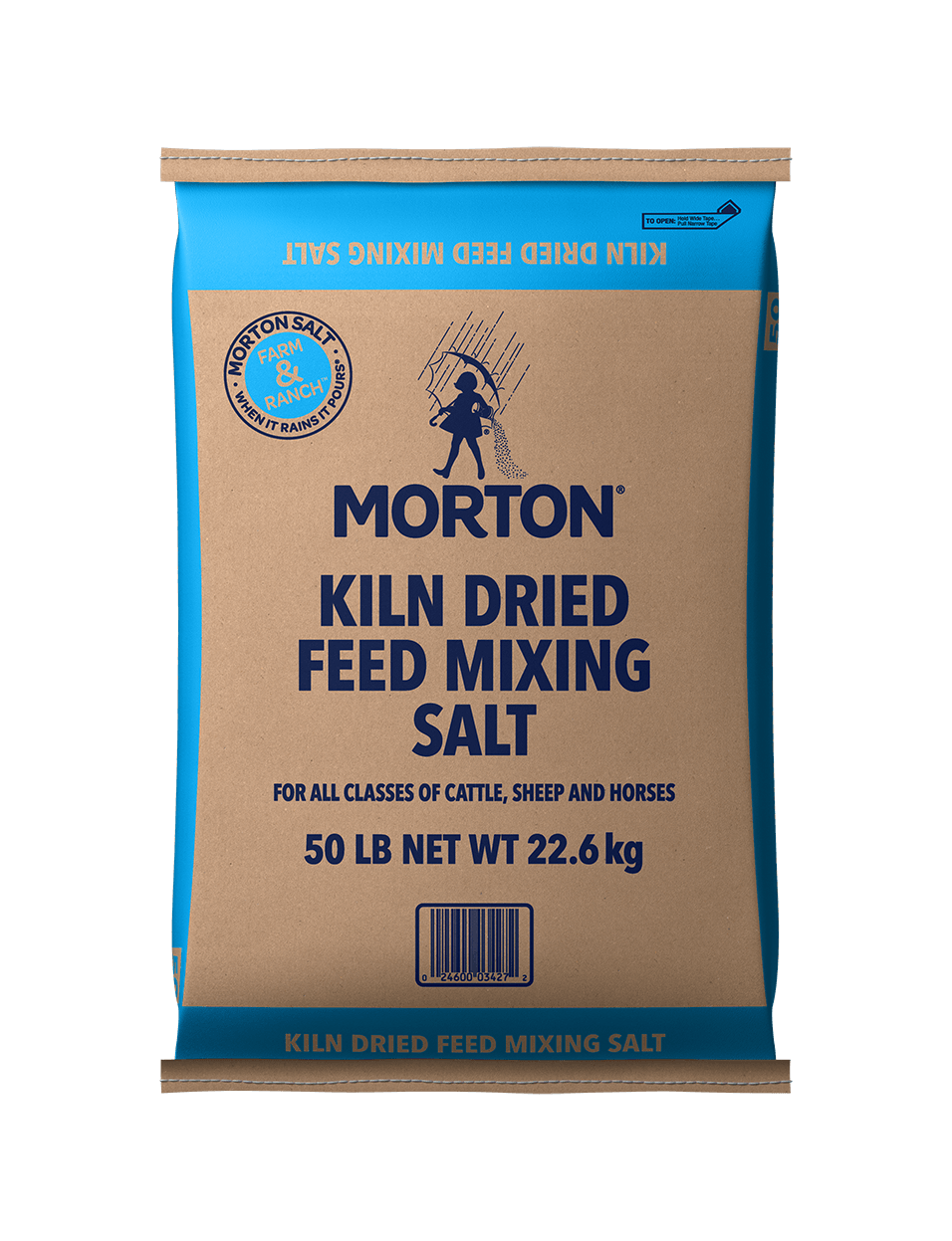 Morton Kiln Dried Feed Mixing Salt bag, 50 lb (22.6 kg), designed for all classes of cattle, sheep, and horses, featuring a brown and blue packaging with product details prominently displayed.