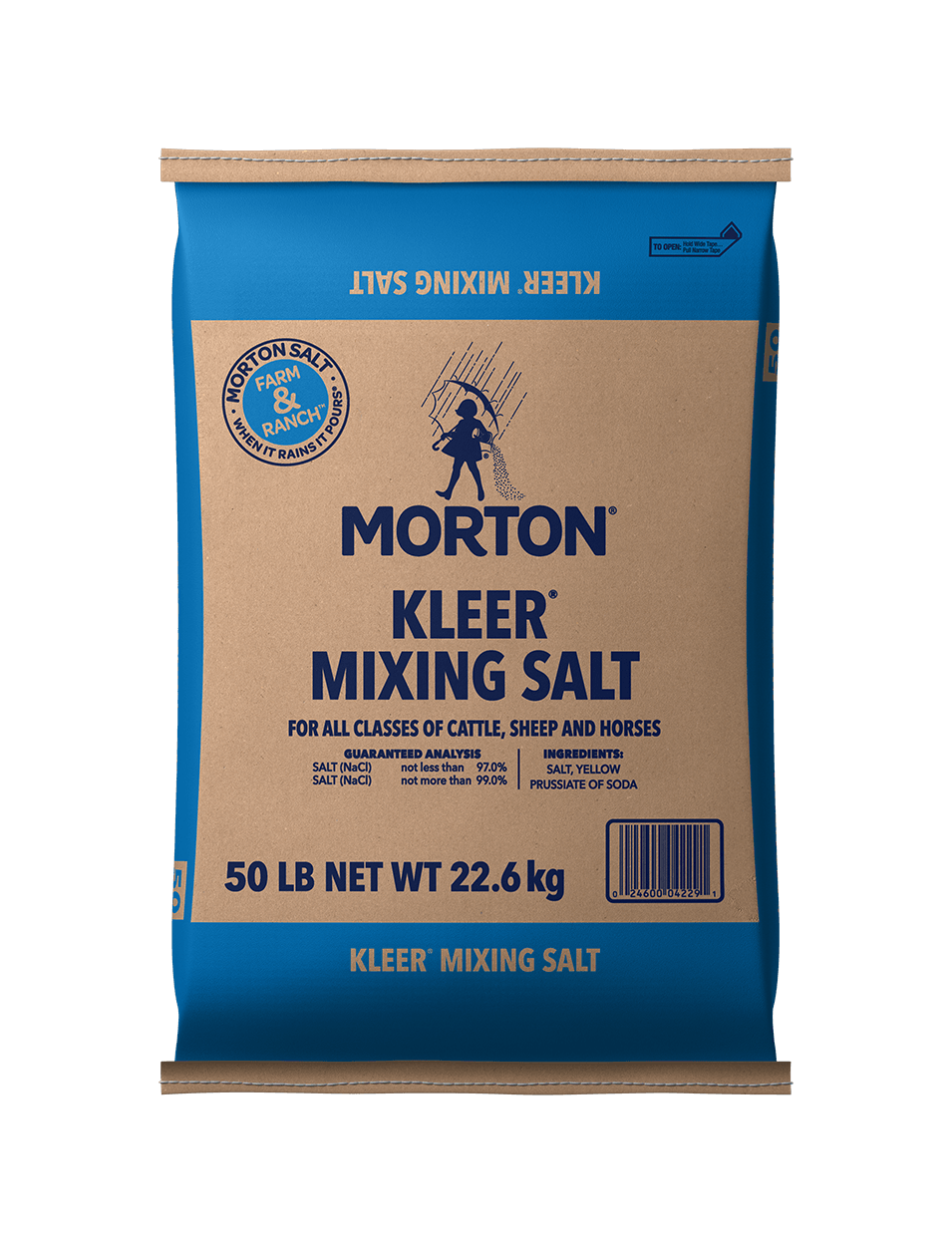 Morton Kleer Mixing Salt 50 lb bag, designed for cattle, sheep, and horses, featuring guaranteed analysis and ingredient details, ideal for livestock nutrition.