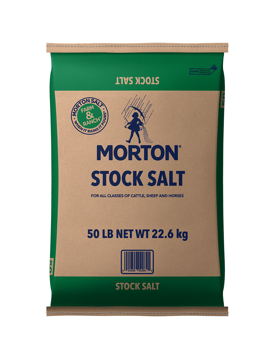 Morton Stock Salt 50 lb bag designed for livestock, suitable for cattle, sheep, and horses, with a net weight of 22.6 kg. Ideal for maintaining mineral balance in farm animals.