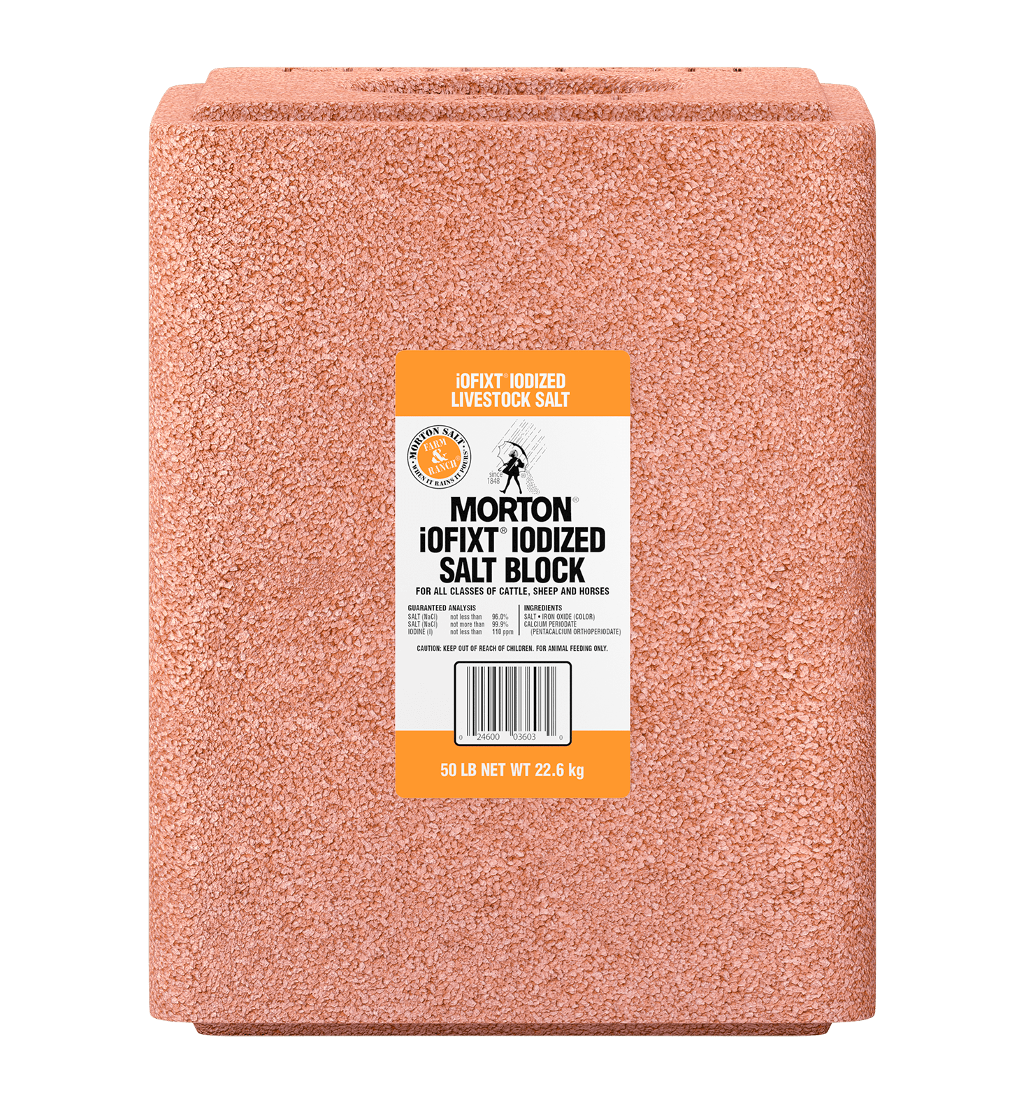 Morton iFIXT Iodized Salt Block for livestock, weighing 50 lb (22.6 kg), designed for cattle, sheep, and horses. Ideal for providing essential minerals and promoting animal health.