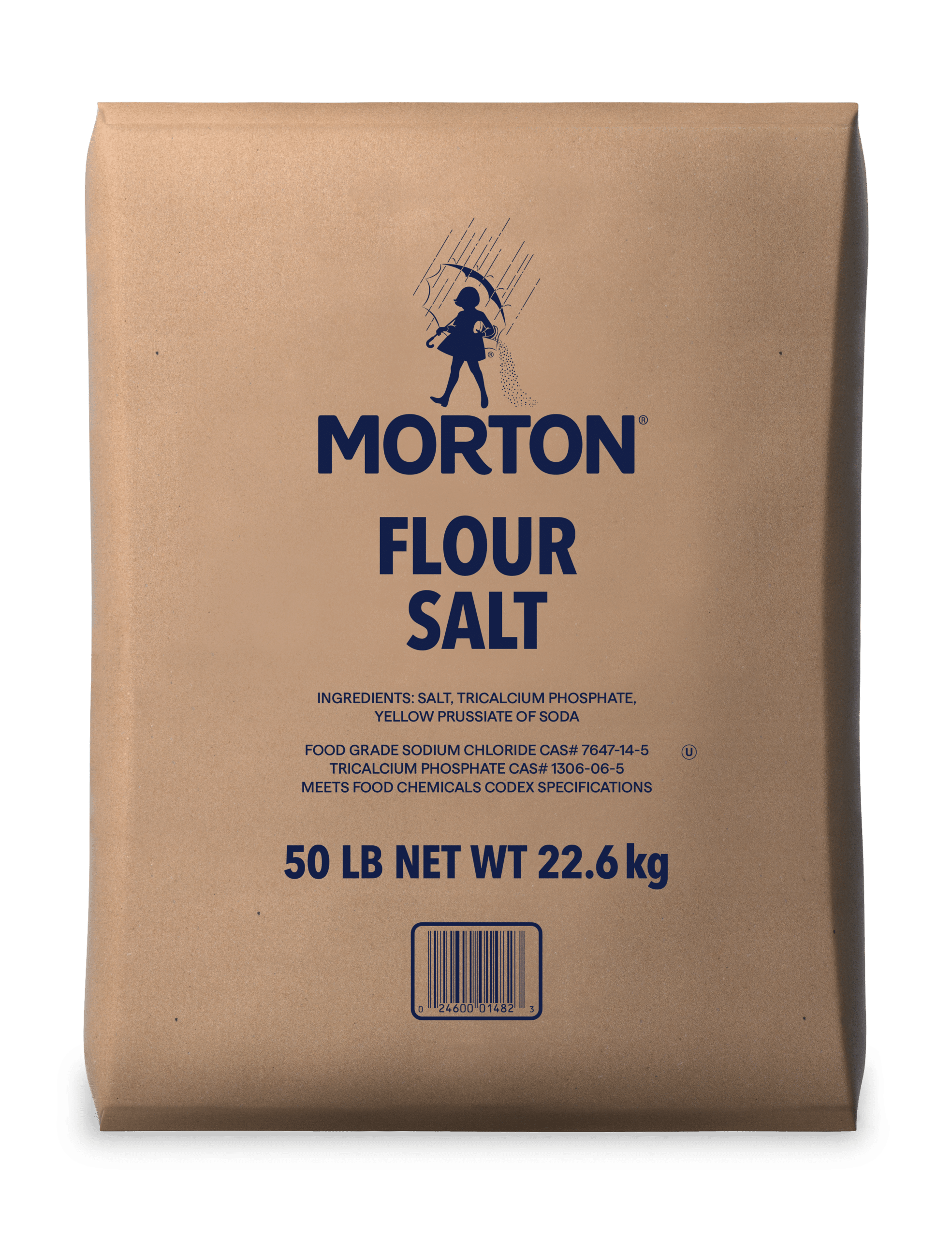 Morton Flour Salt 50 lb bag, featuring ingredients like salt, tricalcium phosphate, and yellow prussiate of soda. Ideal for baking and food preparation, meets food chemicals codex specifications.