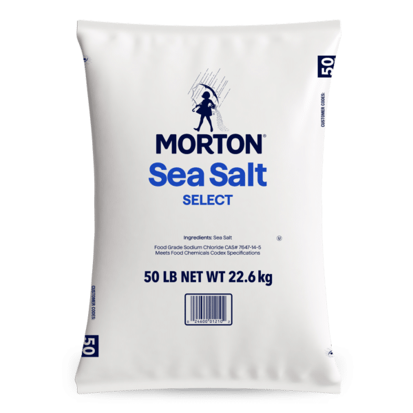 Morton Sea Salt Select 50 lb bag, featuring food-grade sodium chloride, ideal for culinary use and meets food chemical specifications.