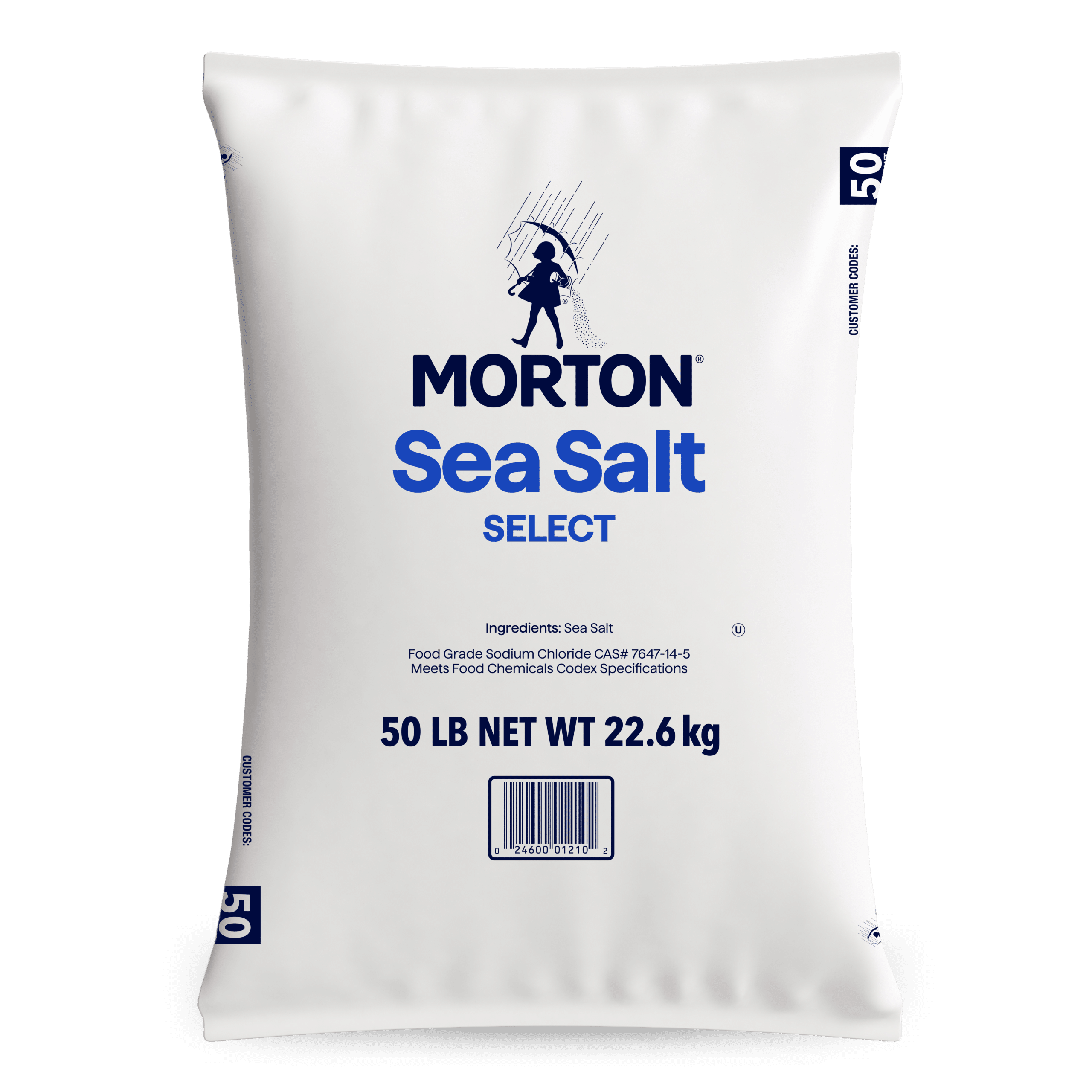 Morton Sea Salt Select 50 lb bag, featuring food-grade sodium chloride, ideal for culinary use and meets food chemical specifications.