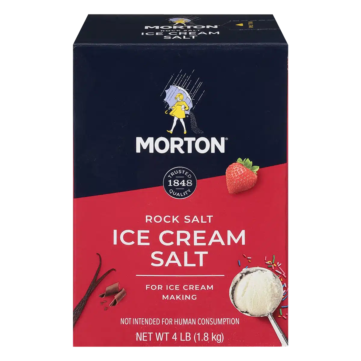 Morton Rock Salt Ice Cream Salt packaging, 4 lb (1.8 kg), designed for ice cream making, featuring a colorful design with strawberries and chocolate accents. Trusted quality since 1848, not intended for human consumption.