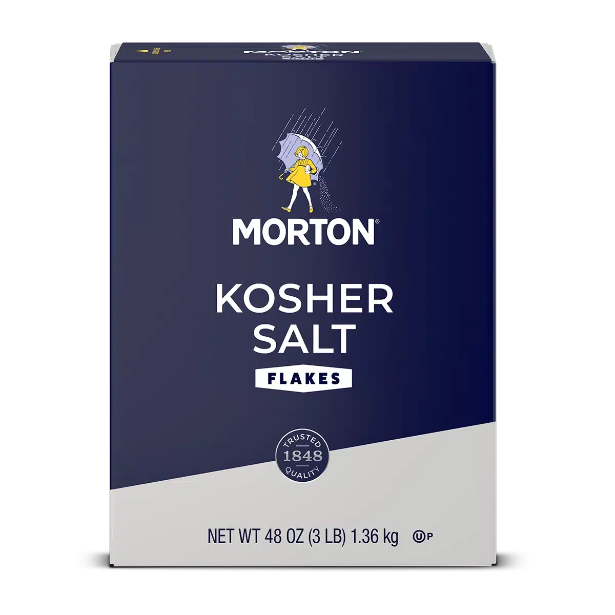 Morton Kosher Salt Flakes packaging, 48 oz (3 lb) box, featuring a blue design and the brand logo. Ideal for seasoning and cooking, known for its trusted quality since 1848.