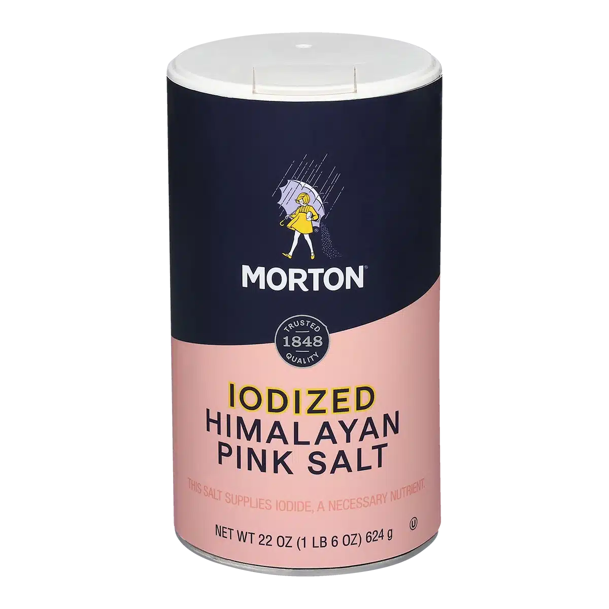 Morton Iodized Himalayan Pink Salt container, 22 oz, featuring nutrition benefits with added iodine, ideal for cooking and seasoning.