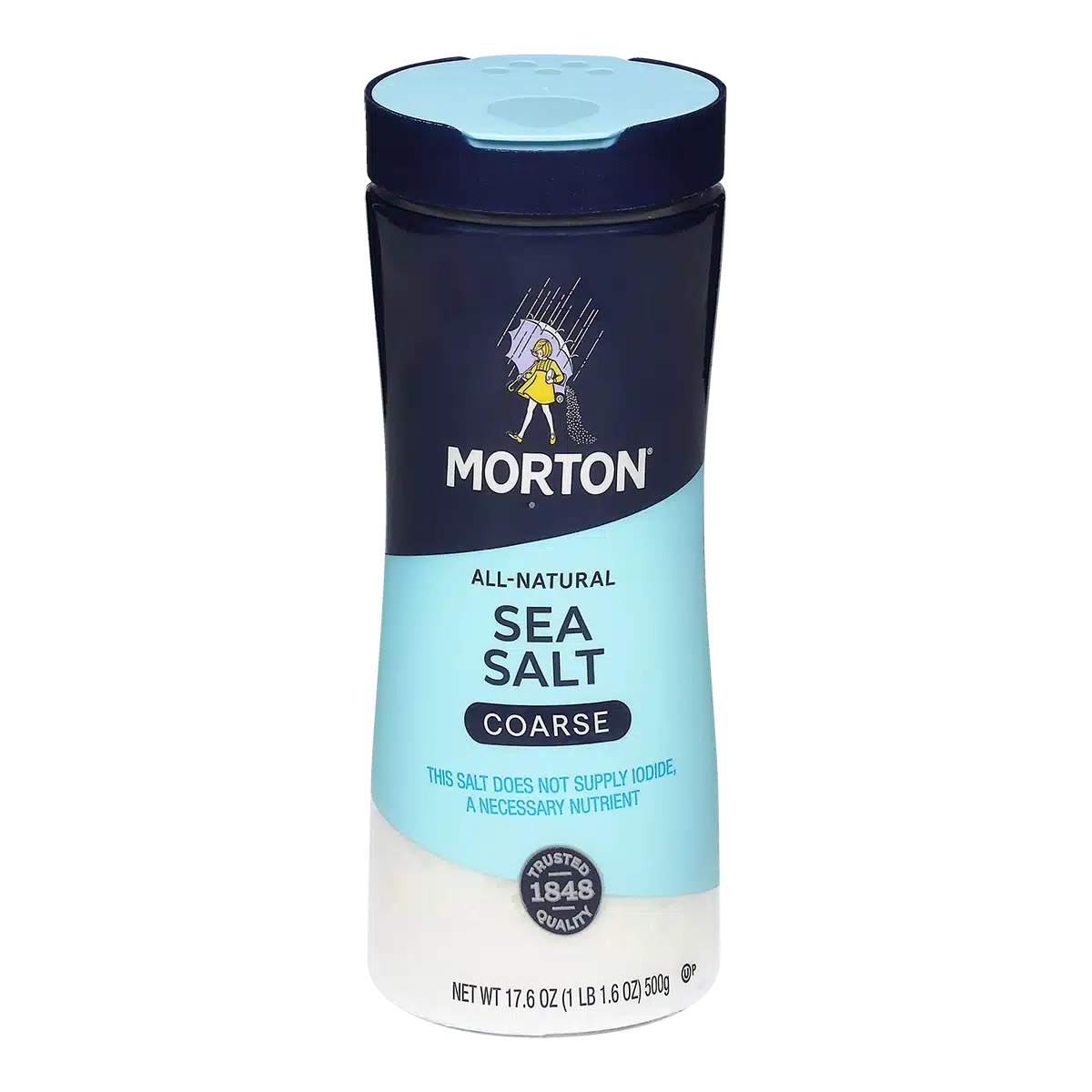Coarse all-natural sea salt in a 17.6 oz container from Morton, ideal for enhancing flavor in cooking and baking. Suitable for various culinary uses, this sea salt does not contain added iodide.