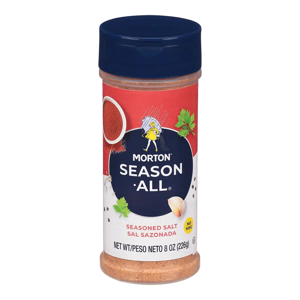 Morton Season-All seasoned salt container, 8 oz, featuring a blue lid and a vibrant label with cooking ingredients. Ideal for enhancing flavor in various dishes, with a no MSG label.