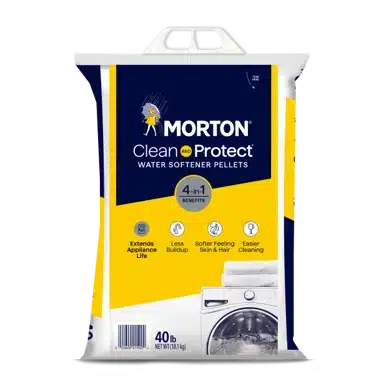 Morton Clean and Protect Water Softener Pellets 40 lb bag, featuring benefits like extended appliance life, reduced buildup, softer skin and hair, and easier cleaning.