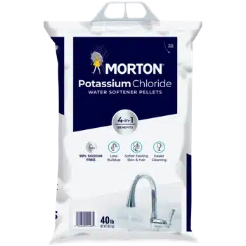 Morton Potassium Chloride water softener pellets, 40 lb bag, designed to reduce sodium buildup, improve skin and hair softness, and facilitate easier cleaning, labeled with 99% sodium-free benefits.