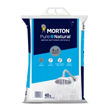 Morton Pure Natural Water Softener Crystals 40 lb bag, featuring 4-in-1 benefits for natural water treatment, preventing buildup, and easier cleaning.