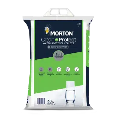 Morton Clean & Protect Water Softener Pellets 40 lb bag, featuring Rust Defense and 5-in-1 benefits for improved taste, extended life of appliances, reduced scale buildup, softer skin, and easier cleaning.