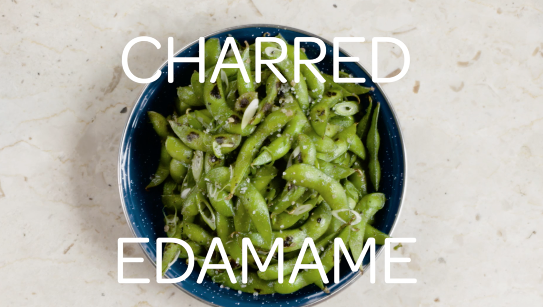Iron Skillet Charred Edamame with Chile Seed Salt Morton Salt
