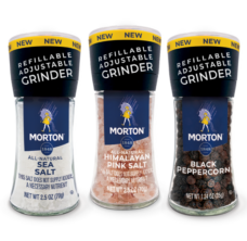 Morton Adjustable, Refillable Grinders – Pink Salt, Sea Salt & Peppercorn