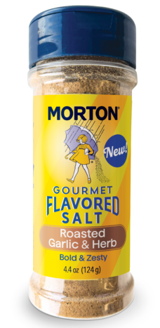 MORTON<sup>®</sup> <br>GOURMET FLAVORED SALT<br> ROASTED GARLIC & HERB